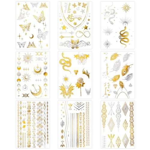 Konsait 9 Sheets Metallic Temporary Tattoos for Women & Girls - Gold & Silver Butterflies, Moons, Snakes, Feathers & Geometric Shapes Tattoo Stickers for Makeup, Cosplay, Festivals, Face & Body Art Avelisse