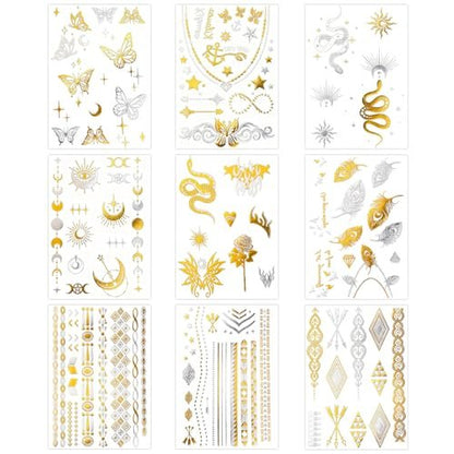 Konsait 9 Sheets Metallic Temporary Tattoos for Women & Girls - Gold & Silver Butterflies, Moons, Snakes, Feathers & Geometric Shapes Tattoo Stickers for Makeup, Cosplay, Festivals, Face & Body Art Avelisse