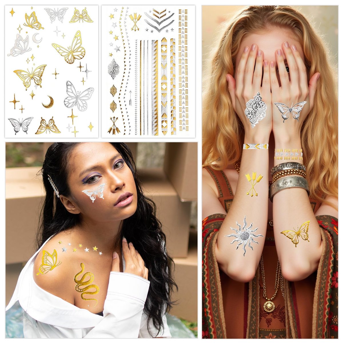 Konsait 9 Sheets Metallic Temporary Tattoos for Women & Girls - Gold & Silver Butterflies, Moons, Snakes, Feathers & Geometric Shapes Tattoo Stickers for Makeup, Cosplay, Festivals, Face & Body Art Avelisse