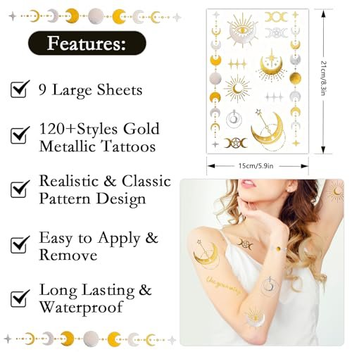 Konsait 9 Sheets Metallic Temporary Tattoos for Women & Girls - Gold & Silver Butterflies, Moons, Snakes, Feathers & Geometric Shapes Tattoo Stickers for Makeup, Cosplay, Festivals, Face & Body Art Avelisse