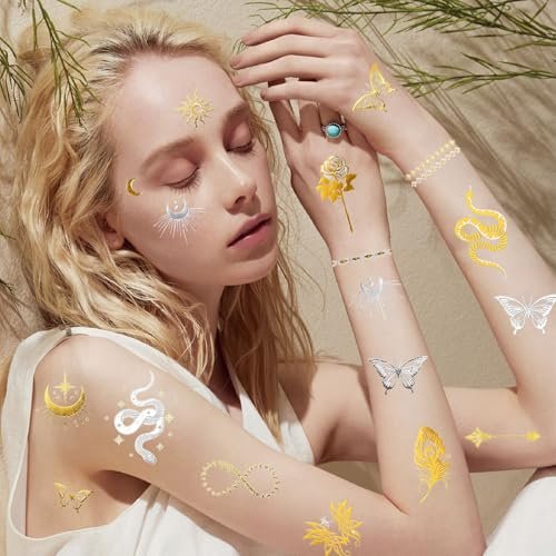 Konsait 9 Sheets Metallic Temporary Tattoos for Women & Girls - Gold & Silver Butterflies, Moons, Snakes, Feathers & Geometric Shapes Tattoo Stickers for Makeup, Cosplay, Festivals, Face & Body Art Avelisse