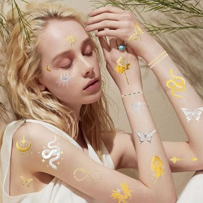 Konsait 9 Sheets Metallic Temporary Tattoos for Women & Girls - Gold & Silver Butterflies, Moons, Snakes, Feathers & Geometric Shapes Tattoo Stickers for Makeup, Cosplay, Festivals, Face & Body Art Avelisse