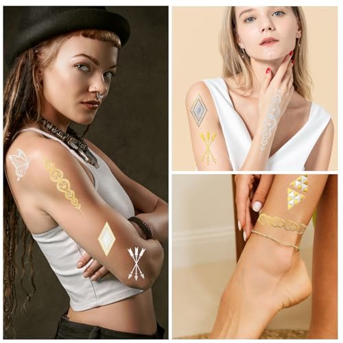 Konsait 9 Sheets Metallic Temporary Tattoos for Women & Girls - Gold & Silver Butterflies, Moons, Snakes, Feathers & Geometric Shapes Tattoo Stickers for Makeup, Cosplay, Festivals, Face & Body Art Avelisse