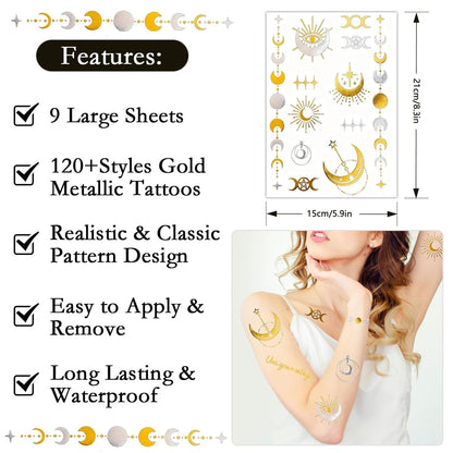 Konsait 9 Sheets Metallic Temporary Tattoos for Women & Girls - Gold & Silver Butterflies, Moons, Snakes, Feathers & Geometric Shapes Tattoo Stickers for Makeup, Cosplay, Festivals, Face & Body Art Avelisse