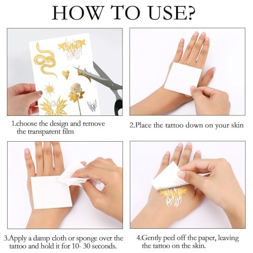 Konsait 9 Sheets Metallic Temporary Tattoos for Women & Girls - Gold & Silver Butterflies, Moons, Snakes, Feathers & Geometric Shapes Tattoo Stickers for Makeup, Cosplay, Festivals, Face & Body Art Avelisse