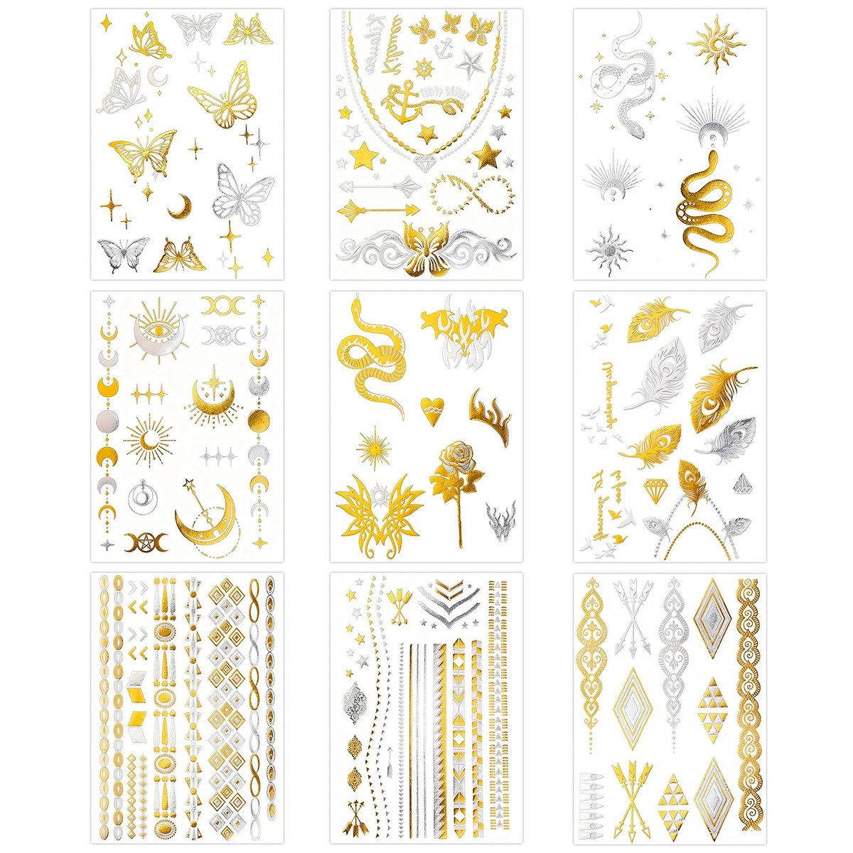 Konsait 9 Sheets Metallic Temporary Tattoos for Women & Girls - Gold & Silver Butterflies, Moons, Snakes, Feathers & Geometric Shapes Tattoo Stickers for Makeup, Cosplay, Festivals, Face & Body Art Avelisse