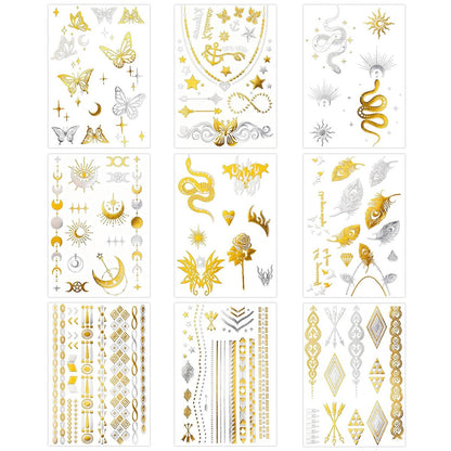 Konsait 9 Sheets Metallic Temporary Tattoos for Women & Girls - Gold & Silver Butterflies, Moons, Snakes, Feathers & Geometric Shapes Tattoo Stickers for Makeup, Cosplay, Festivals, Face & Body Art Avelisse
