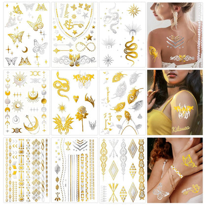 Konsait 9 Sheets Metallic Temporary Tattoos for Women & Girls - Gold & Silver Butterflies, Moons, Snakes, Feathers & Geometric Shapes Tattoo Stickers for Makeup, Cosplay, Festivals, Face & Body Art Avelisse