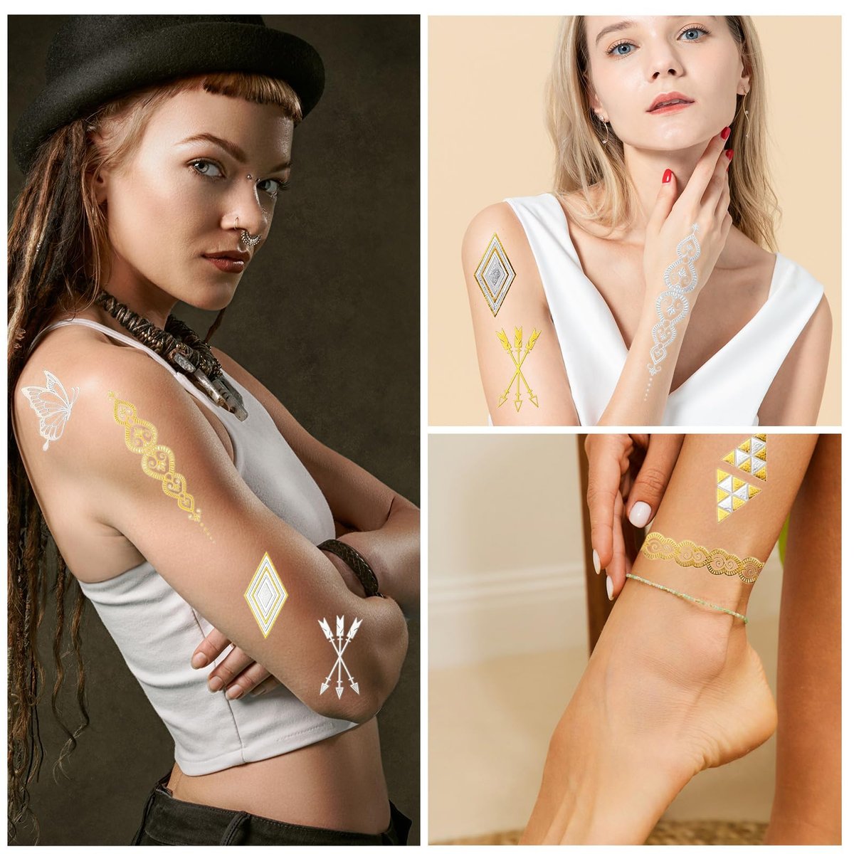 Konsait 9 Sheets Metallic Temporary Tattoos for Women & Girls - Gold & Silver Butterflies, Moons, Snakes, Feathers & Geometric Shapes Tattoo Stickers for Makeup, Cosplay, Festivals, Face & Body Art Avelisse