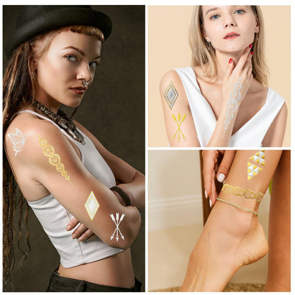 Konsait 9 Sheets Metallic Temporary Tattoos for Women & Girls - Gold & Silver Butterflies, Moons, Snakes, Feathers & Geometric Shapes Tattoo Stickers for Makeup, Cosplay, Festivals, Face & Body Art Avelisse