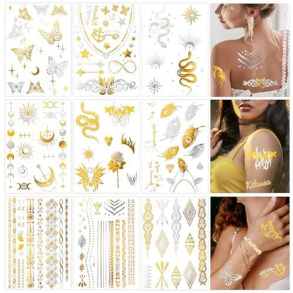 Konsait 9 Sheets Metallic Temporary Tattoos for Women & Girls - Gold & Silver Butterflies, Moons, Snakes, Feathers & Geometric Shapes Tattoo Stickers for Makeup, Cosplay, Festivals, Face & Body Art Avelisse