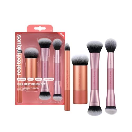 Real Techniques Full Beat Makeup Brush Set - 4 Piece Travel Brush Kit with UltraPlush Bristles, Cruelty-Free (Orange, Aluminum) Avelisse