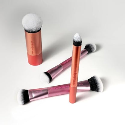 Real Techniques Full Beat Makeup Brush Set - 4 Piece Travel Brush Kit with UltraPlush Bristles, Cruelty-Free (Orange, Aluminum) Avelisse