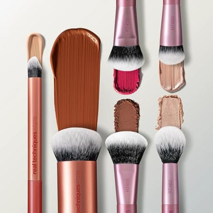 Real Techniques Full Beat Makeup Brush Set - 4 Piece Travel Brush Kit with UltraPlush Bristles, Cruelty-Free (Orange, Aluminum) Avelisse