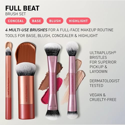 Real Techniques Full Beat Makeup Brush Set - 4 Piece Travel Brush Kit with UltraPlush Bristles, Cruelty-Free (Orange, Aluminum) Avelisse