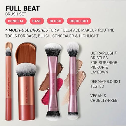 Real Techniques Full Beat Makeup Brush Set - 4 Piece Travel Brush Kit with UltraPlush Bristles, Cruelty-Free (Orange, Aluminum) Avelisse