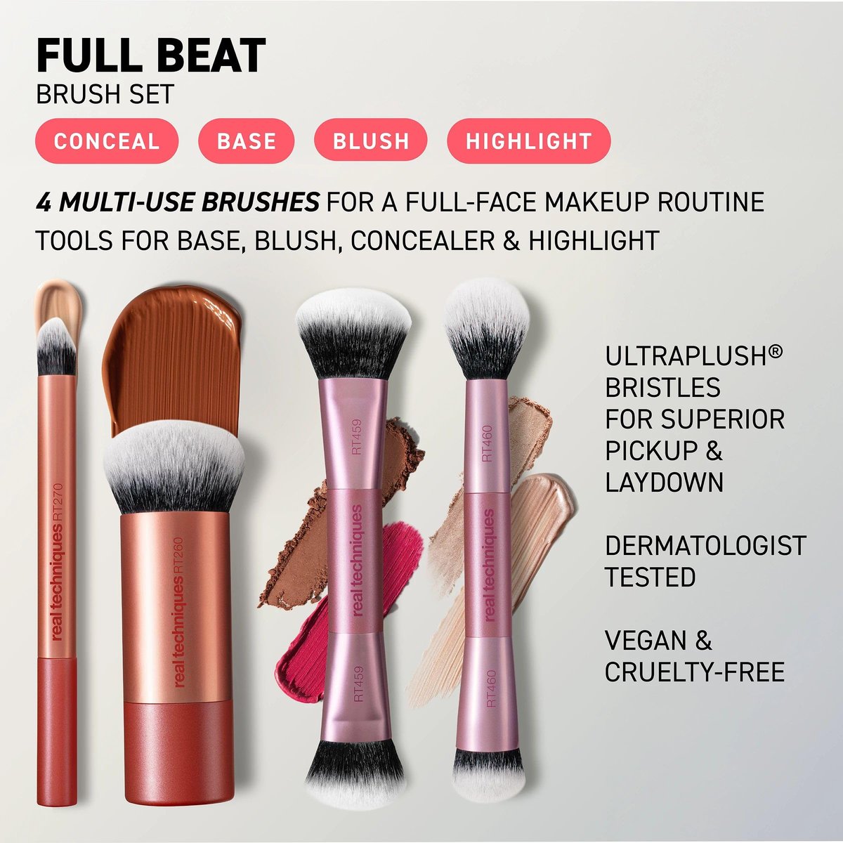 Real Techniques Full Beat Makeup Brush Set - 4 Piece Travel Brush Kit with UltraPlush Bristles, Cruelty-Free (Orange, Aluminum) Avelisse