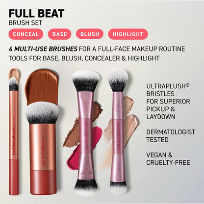Real Techniques Full Beat Makeup Brush Set - 4 Piece Travel Brush Kit with UltraPlush Bristles, Cruelty-Free (Orange, Aluminum) Avelisse