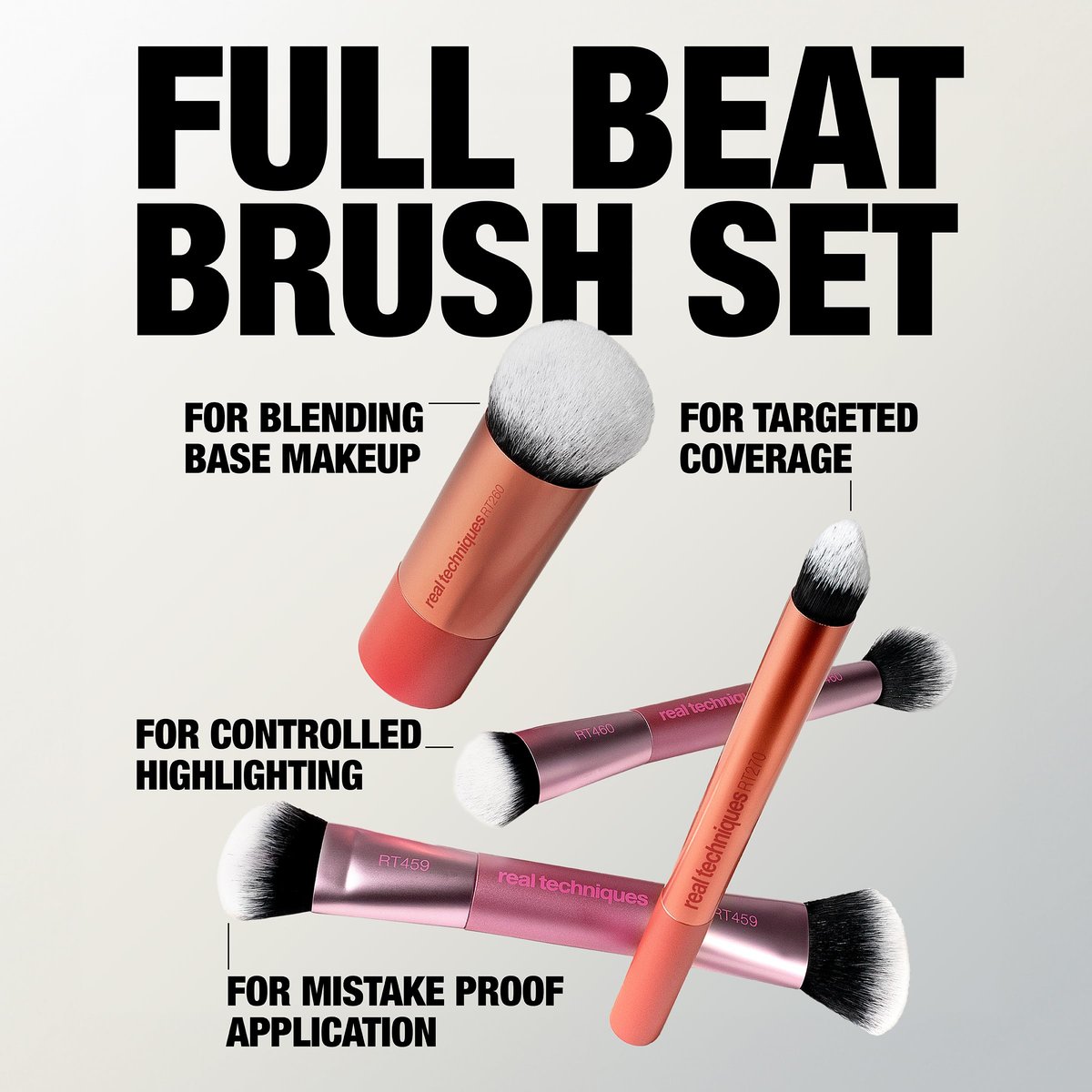 Real Techniques Full Beat Makeup Brush Set - 4 Piece Travel Brush Kit with UltraPlush Bristles, Cruelty-Free (Orange, Aluminum) Avelisse