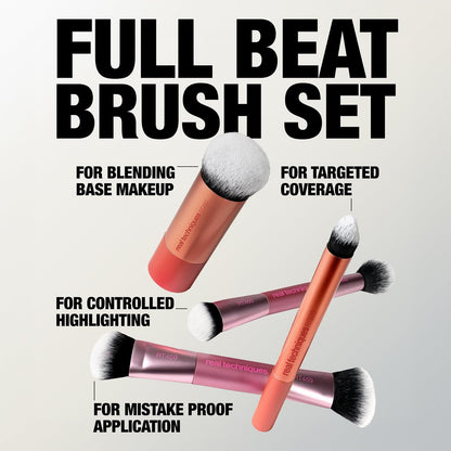 Real Techniques Full Beat Makeup Brush Set - 4 Piece Travel Brush Kit with UltraPlush Bristles, Cruelty-Free (Orange, Aluminum) Avelisse