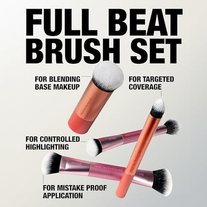 Real Techniques Full Beat Makeup Brush Set - 4 Piece Travel Brush Kit with UltraPlush Bristles, Cruelty-Free (Orange, Aluminum) Avelisse