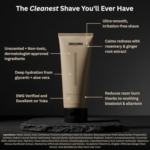 HygieneLab Shaving Cream – Fragrance-Free, Non-Toxic, Yuka 100/100, Aloe Vera & Shea Butter for Sensitive Skin (6.76 oz) Avelisse