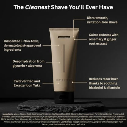 HygieneLab Shaving Cream – Fragrance-Free, Non-Toxic, Yuka 100/100, Aloe Vera & Shea Butter for Sensitive Skin (6.76 oz) Avelisse