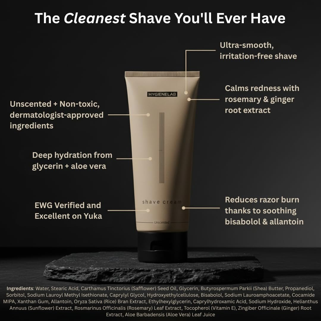 HygieneLab Shaving Cream – Fragrance-Free, Non-Toxic, Yuka 100/100, Aloe Vera & Shea Butter for Sensitive Skin (6.76 oz) Avelisse