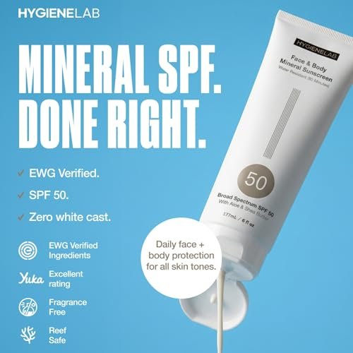 HygieneLab Mineral Sunscreen SPF 50 – Invisible Sheer Finish, Yuka Excellent Rated, Zinc Oxide, Broad Spectrum UVA/UVB Protection, Reef Safe, Aloe Vera & Shea Butter Hydration (Large 6 oz) Avelisse