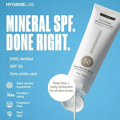 HygieneLab Mineral Sunscreen SPF 50 – Invisible Sheer Finish, Yuka Excellent Rated, Zinc Oxide, Broad Spectrum UVA/UVB Protection, Reef Safe, Aloe Vera & Shea Butter Hydration (Large 6 oz) Avelisse