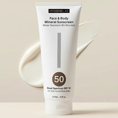 HygieneLab Mineral Sunscreen SPF 50 – Invisible Sheer Finish, Yuka Excellent Rated, Zinc Oxide, Broad Spectrum UVA/UVB Protection, Reef Safe, Aloe Vera & Shea Butter Hydration (Large 6 oz) Avelisse