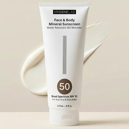 HygieneLab Mineral Sunscreen SPF 50 – Invisible Sheer Finish, Yuka Excellent Rated, Zinc Oxide, Broad Spectrum UVA/UVB Protection, Reef Safe, Aloe Vera & Shea Butter Hydration (Large 6 oz) Avelisse