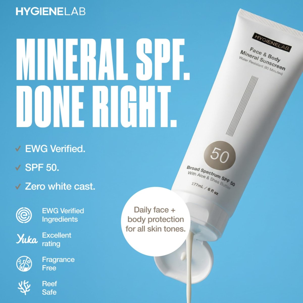 HygieneLab Mineral Sunscreen SPF 50 – Invisible Sheer Finish, Yuka Excellent Rated, Zinc Oxide, Broad Spectrum UVA/UVB Protection, Reef Safe, Aloe Vera & Shea Butter Hydration (Large 6 oz) Avelisse