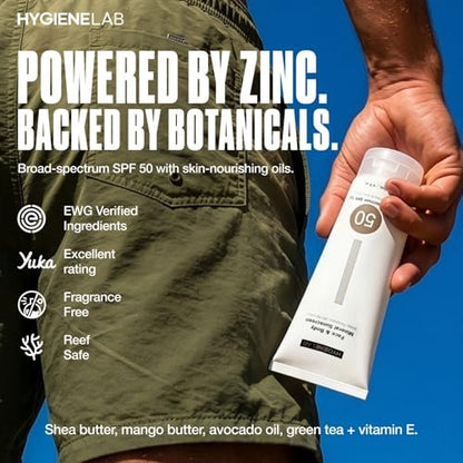 HygieneLab Mineral Sunscreen SPF 50 – Invisible Sheer Finish, Yuka Excellent Rated, Zinc Oxide, Broad Spectrum UVA/UVB Protection, Reef Safe, Aloe Vera & Shea Butter Hydration (Large 6 oz) Avelisse