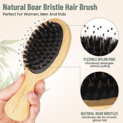Bamboo Hair Brush Set – Mother’s Day Gift, Bamboo Comb Set for Hair Growth, Paddle Detangling Hairbrush, Wide Tooth & Tail Tooth Comb and Mini Boar Bristle Travel Hairbrush, Brush Cleaner Included Avelisse