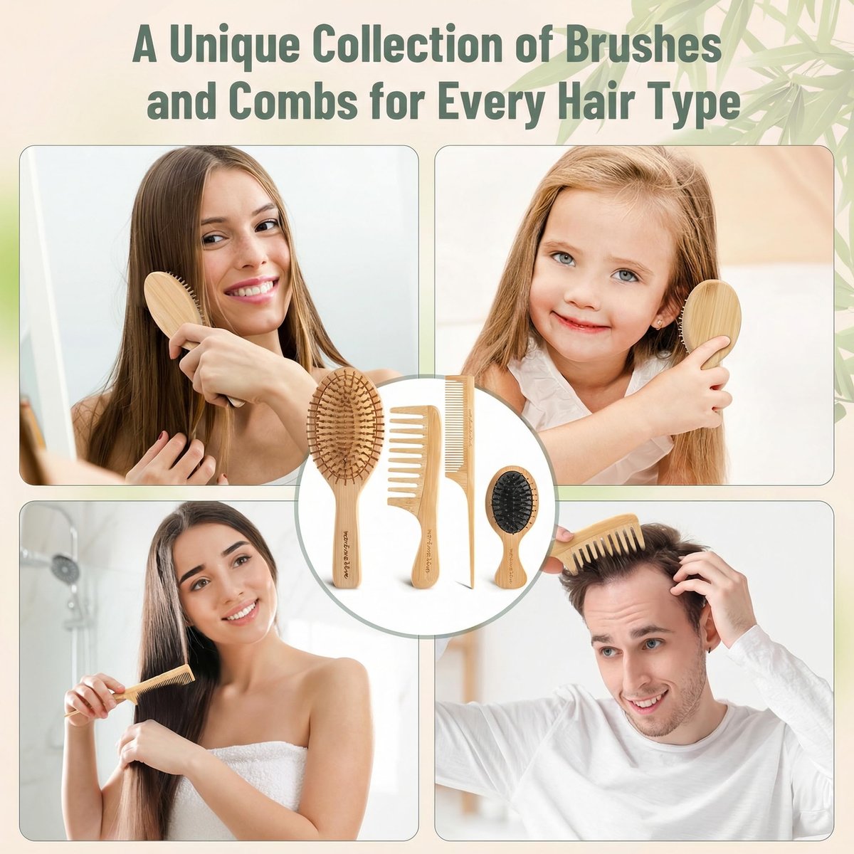 Bamboo Hair Brush Set – Mother’s Day Gift, Bamboo Comb Set for Hair Growth, Paddle Detangling Hairbrush, Wide Tooth & Tail Tooth Comb and Mini Boar Bristle Travel Hairbrush, Brush Cleaner Included Avelisse