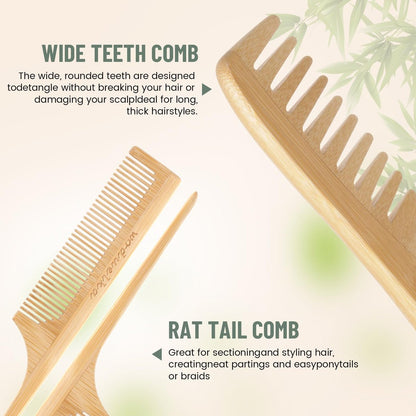 Bamboo Hair Brush Set – Mother’s Day Gift, Bamboo Comb Set for Hair Growth, Paddle Detangling Hairbrush, Wide Tooth & Tail Tooth Comb and Mini Boar Bristle Travel Hairbrush, Brush Cleaner Included Avelisse