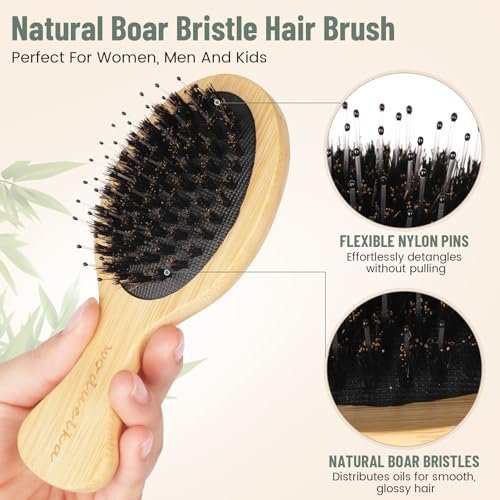 Bamboo Hair Brush Set – Mother’s Day Gift, Bamboo Comb Set for Hair Growth, Paddle Detangling Hairbrush, Wide Tooth & Tail Tooth Comb and Mini Boar Bristle Travel Hairbrush, Brush Cleaner Included Avelisse
