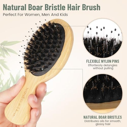Bamboo Hair Brush Set – Mother’s Day Gift, Bamboo Comb Set for Hair Growth, Paddle Detangling Hairbrush, Wide Tooth & Tail Tooth Comb and Mini Boar Bristle Travel Hairbrush, Brush Cleaner Included Avelisse