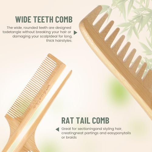 Bamboo Hair Brush Set – Mother’s Day Gift, Bamboo Comb Set for Hair Growth, Paddle Detangling Hairbrush, Wide Tooth & Tail Tooth Comb and Mini Boar Bristle Travel Hairbrush, Brush Cleaner Included Avelisse