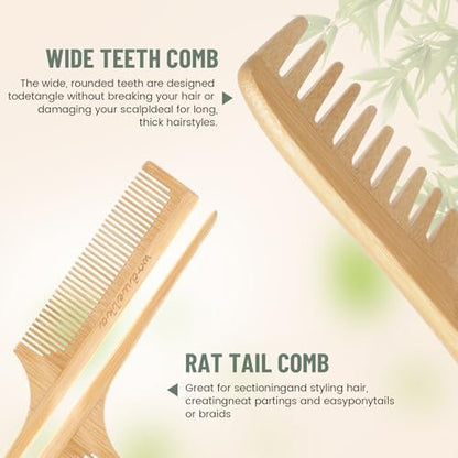 Bamboo Hair Brush Set – Mother’s Day Gift, Bamboo Comb Set for Hair Growth, Paddle Detangling Hairbrush, Wide Tooth & Tail Tooth Comb and Mini Boar Bristle Travel Hairbrush, Brush Cleaner Included Avelisse