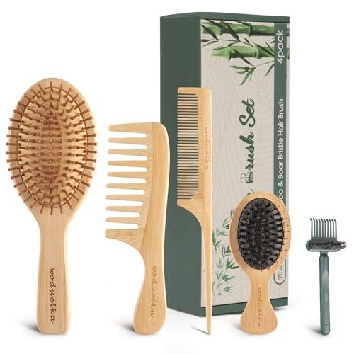 Bamboo Hair Brush Set – Mother’s Day Gift, Bamboo Comb Set for Hair Growth, Paddle Detangling Hairbrush, Wide Tooth & Tail Tooth Comb and Mini Boar Bristle Travel Hairbrush, Brush Cleaner Included Avelisse