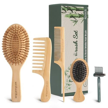Bamboo Hair Brush Set – Mother’s Day Gift, Bamboo Comb Set for Hair Growth, Paddle Detangling Hairbrush, Wide Tooth & Tail Tooth Comb and Mini Boar Bristle Travel Hairbrush, Brush Cleaner Included Avelisse