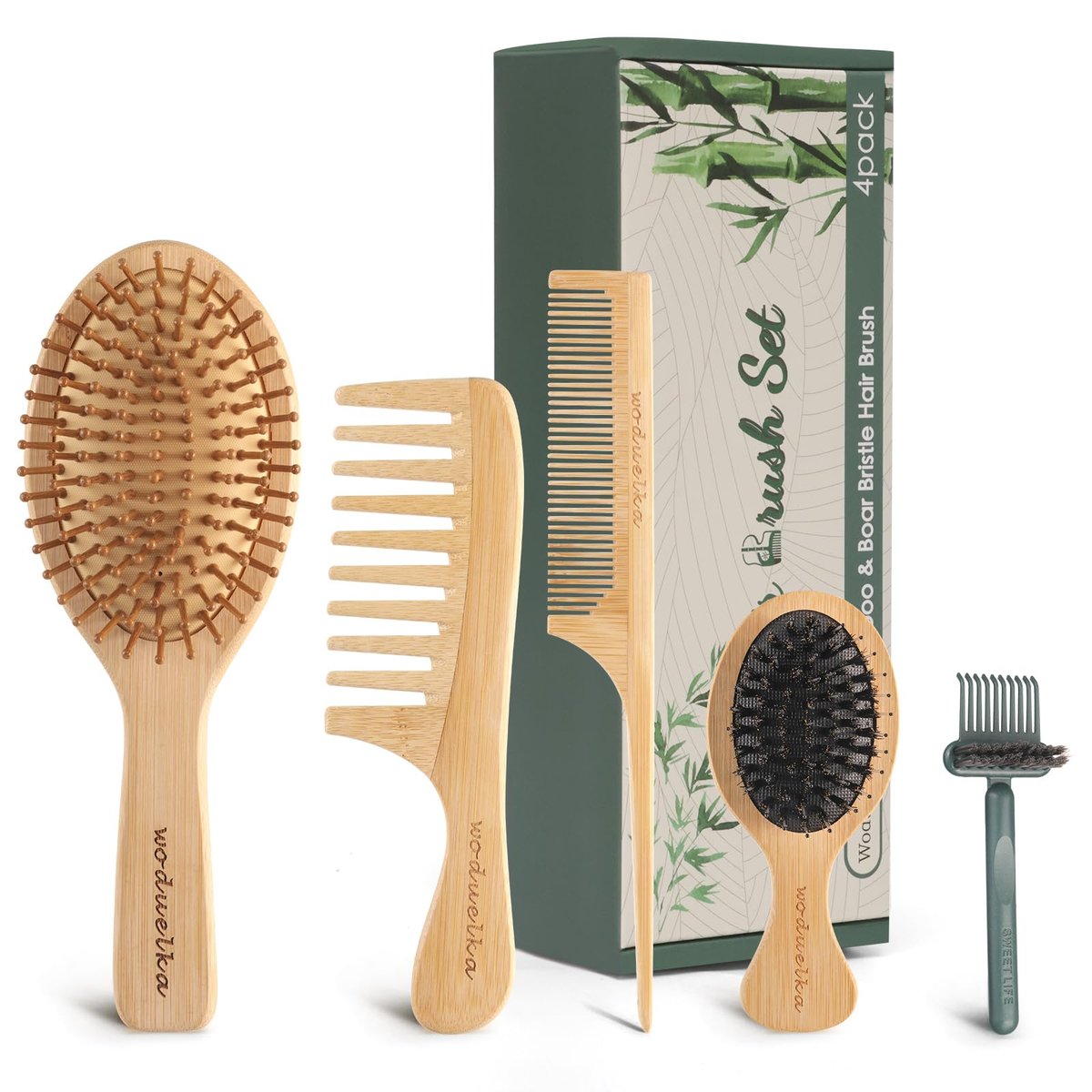 Bamboo Hair Brush Set – Mother’s Day Gift, Bamboo Comb Set for Hair Growth, Paddle Detangling Hairbrush, Wide Tooth & Tail Tooth Comb and Mini Boar Bristle Travel Hairbrush, Brush Cleaner Included Avelisse