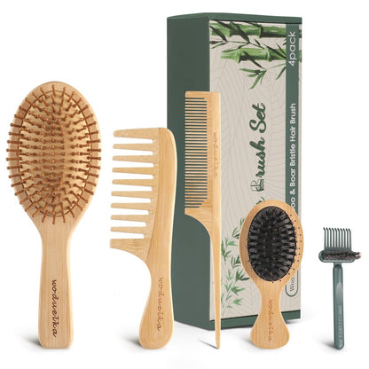 Bamboo Hair Brush Set – Mother’s Day Gift, Bamboo Comb Set for Hair Growth, Paddle Detangling Hairbrush, Wide Tooth & Tail Tooth Comb and Mini Boar Bristle Travel Hairbrush, Brush Cleaner Included Avelisse