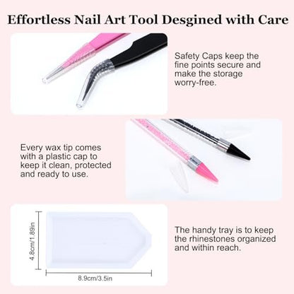 14 Pcs Rhinestone Picker Tool Set - Nail Art Design Bedazzling Dotting Tool with Wax Pencil and Tweezers for Professional & DIY Manicure