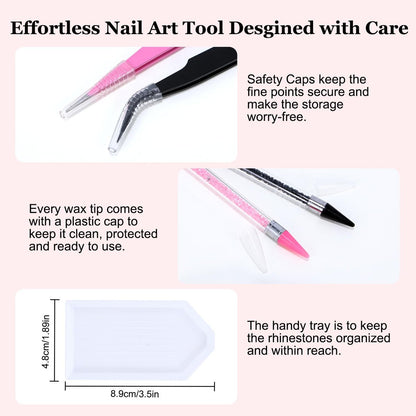 14 Pcs Rhinestone Picker Tool Set - Nail Art Design Bedazzling Dotting Tool with Wax Pencil and Tweezers for Professional & DIY Manicure