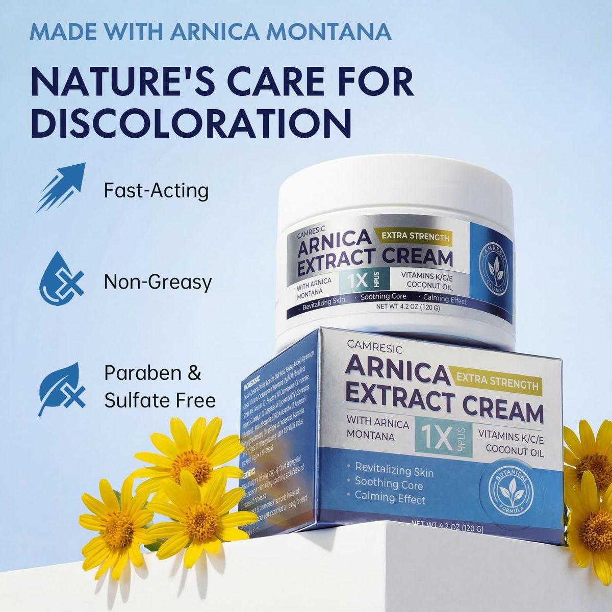 Glopink Arnica Cream Extra Strength for Discoloration & Thin Skin, Enriched with Arnica Montana & Vitamins K, C & E, Plus 9 Plant Compounds, Fast Absorbing, Long Lasting, 4 oz - görsel 3