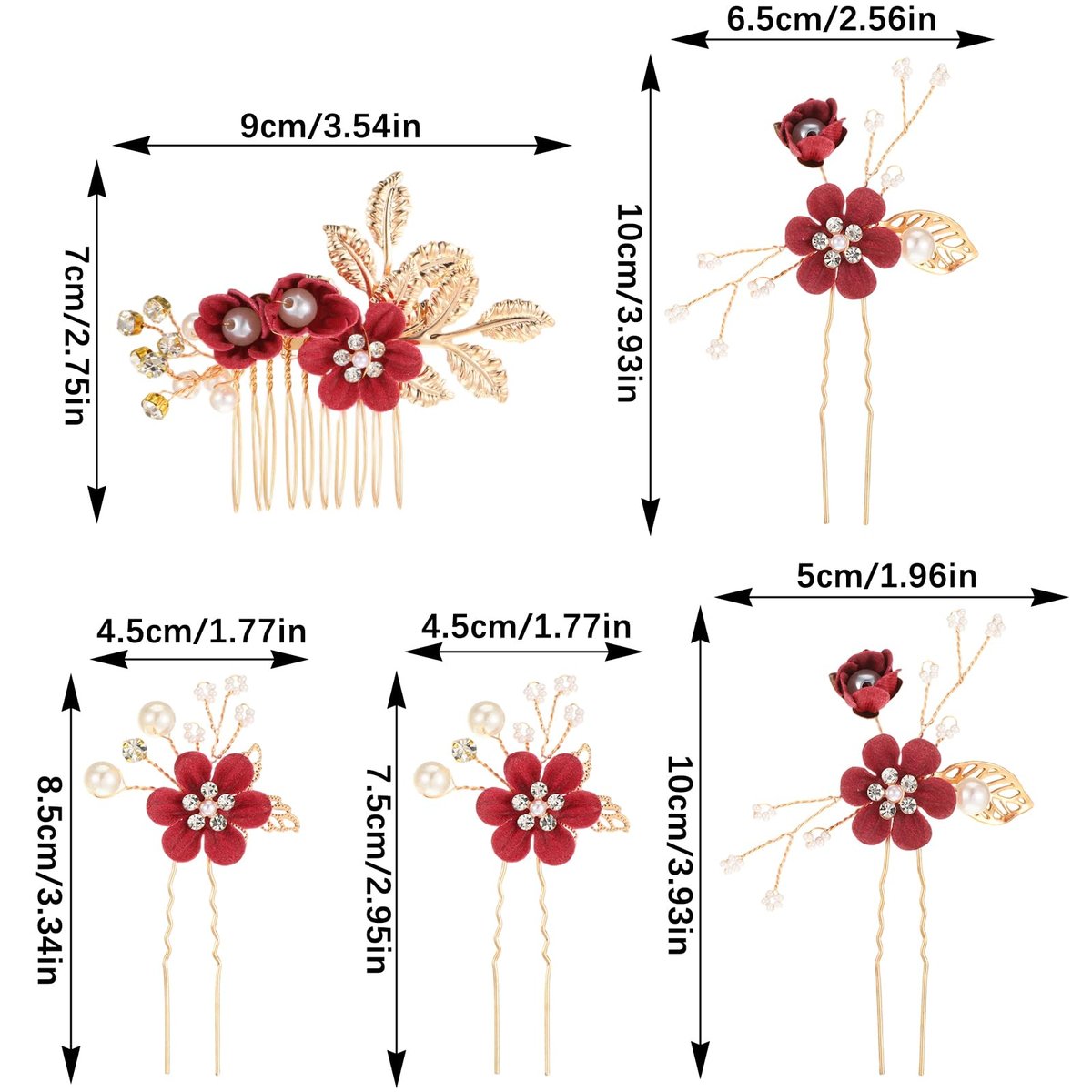 5 Pcs Bridal Flower Wedding Hair Pins - Crystal Pearl Rhinestone Burgundy Flower Hair Clips Headpiece for Brides Bridesmaids Women Girls - görsel 3