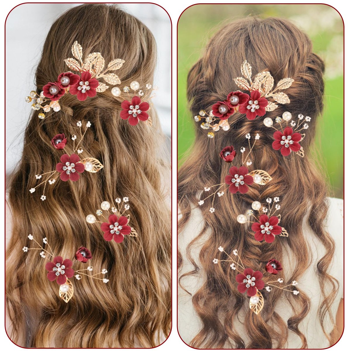 5 Pcs Bridal Flower Wedding Hair Pins - Crystal Pearl Rhinestone Burgundy Flower Hair Clips Headpiece for Brides Bridesmaids Women Girls - görsel 9